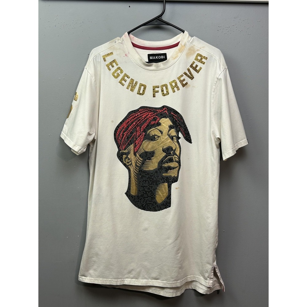 Makobi T-Shirt Mens Large White 2Pac Legend Forever Rhinestone Streetwear